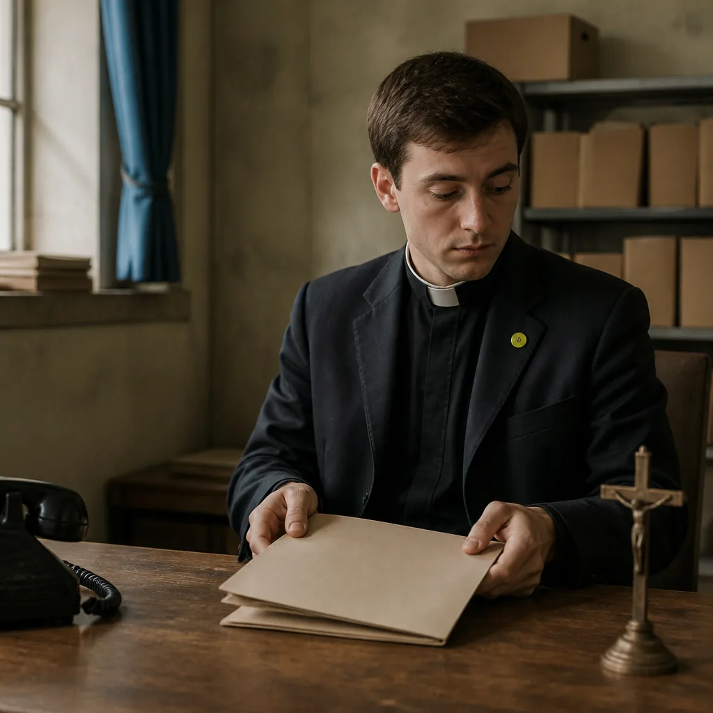 Prêtre face à une croix, symbole du silence dans Amen