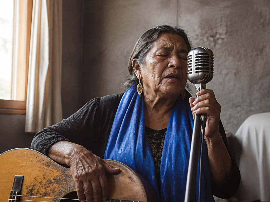 Chavela Vargas chante sur scène, drapée dans son poncho rouge